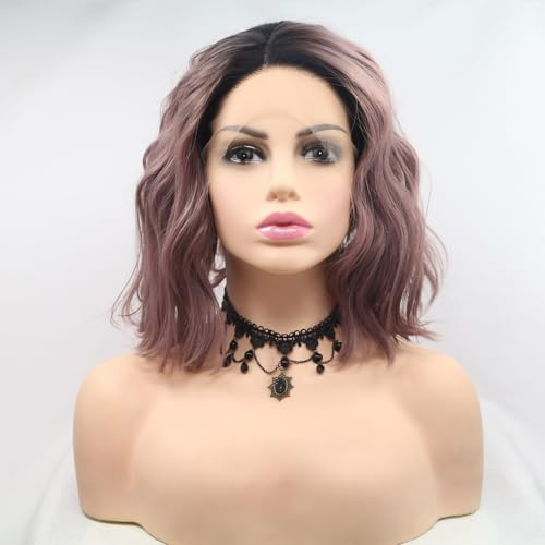 xiweiya Perruque courte bouclée de 33 x 7,6 cm avec dentelle violet cendré ombré avec racines noires, perruque douce ondulée au milieu, perruque douce résistante à la chaleur pour femme, 35,6 cm