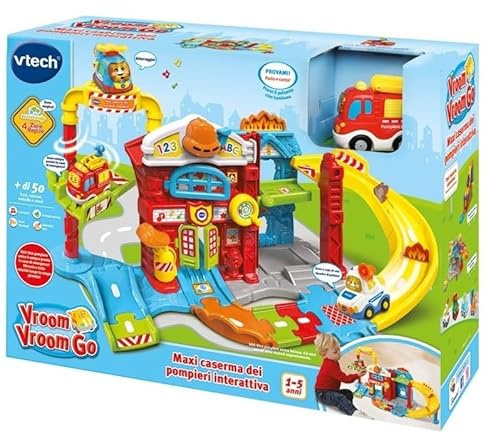 VTech Vroom Vroom Go - Maxi Caserma dei Pompieri Interattiva, Pista Macchinine con Ascensore e Rampa, Incluso 1 Veicolo, 4 Zone Magiche, Lingua Italiana, Batterie Incluse, 1-5 Anni