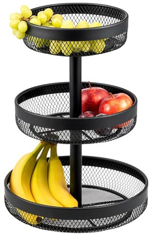 eluno 3-stöckige runde Obstetagere/Brotkorb, Etagere, Obstschale, Obstkorb aus Metall, viel Platz für die übersichtliche Lagerung von Obst, Gemüse, Brot und Snacks in Küche und Wohnzimmer (Schwarz)