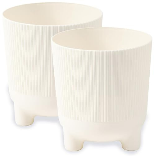 PECZEKO Macetero mate, maceta con patas, maceta decorativa para plantas grandes y pequeñas, juego de 2 macetas, maceta para hierbas (2 unidades), color crema, diámetro de 18 cm