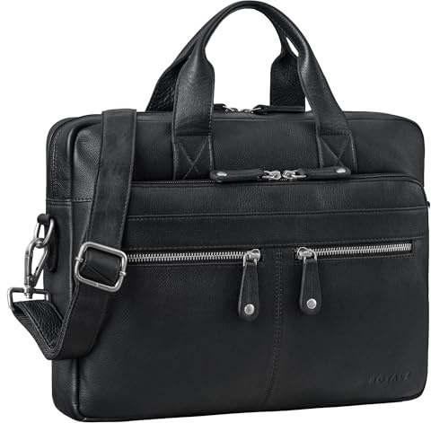 ROYALZ 'Lexington' borsa a tracolla moderna in vera pelle uomo donna medio-grande - borsa piatta in pelle per laptop 13-14,5 pollici da portare a tracolla, Colore:Nero