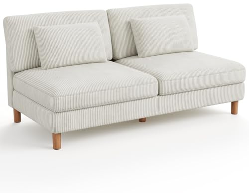 Vesgantti 166cm Armless 2 Seater Sofa, Comfy Corduroy Couch with 2 Extra Pillows, Loveseat Sofa Perfect for Living Room, Bedroom, Office, Apartment, Tool-free Assembly，166L*88D*84Hcm, Beige