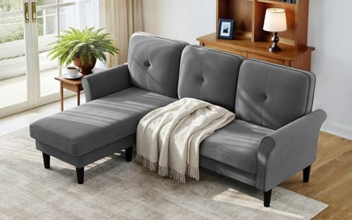 Welzona Sofas for Living Room, 83 Velvet Sectional Couch with Moveable Ottoman, Midcentury Modern Small Sectional Couch, L Shape Sofa & 3 Seater, Couches for Living Room, Apartment, Bedroom, Grey