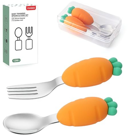 Baby Fork and Spoon Set with Carry Case Baby Training Utensils Self Feeding Toddler Silverware Silicone and Stainless Steel Kids and Toddler Utensil Set-Carrot