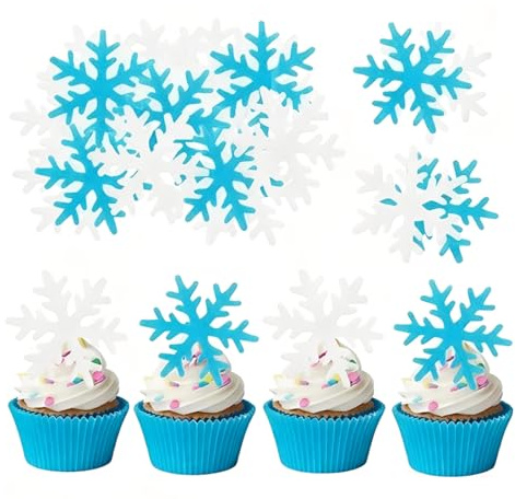 YUVKIN 50 piezas adornos para tartas, copos de nieve, decoración tarta frozen, cupcakes, decoración para magdalenas, para cumpleaños, bodas, Navidad (azul + blanco)