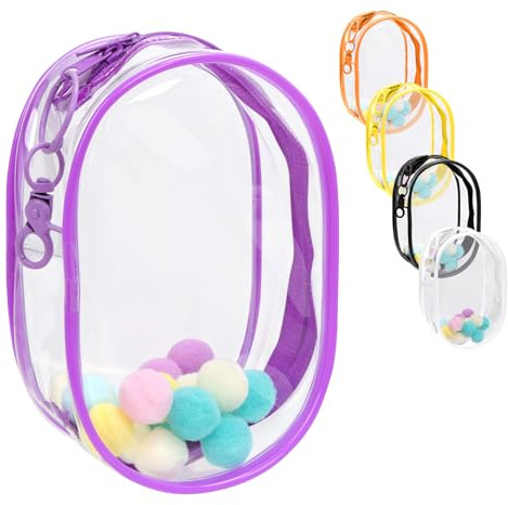 Keadic Clear Figure Display Bag with Keychain Colored Hairballs Figure Display Bag Pocket Pouch Small Clear Keychain Pouch Bag Doll Display Bag for Plushies, 15.5 x 7.5 x 11cm, Purple