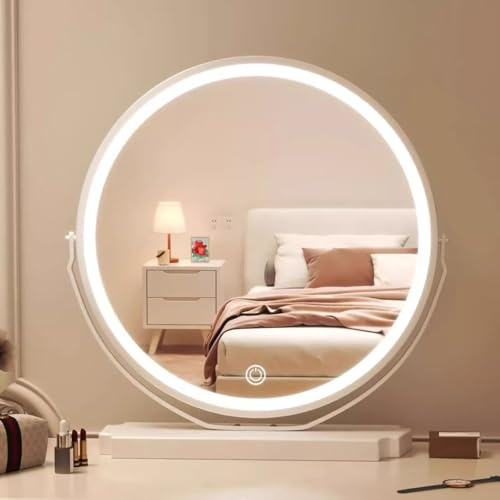 HCBUTAE Roterbar smart belysning bordsspegel, LED-byrå sminkspegel, dimbar, rund 40 cm/45 cm/50 cm, metallbas, peksensorbrytare (vit, 50 x 53 cm)