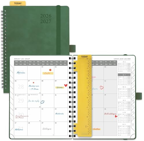 POPRUN Agenda Månadskalender 2026 2027, Juli'26 - Dec'27, 18 Månader 22 x 16,5 cm, 2 Sidor per Månad, Skolkalender, Mjuk Spiralbindning, Linjal, Papper 100 gsm,Grön