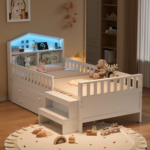 Httcg 3ft Single Bed Frame Wooden Bed with LED Lighting and USB Port, Single Beds with Headboard Storage and Step Stool, Storage Beds with Drawers and Safety Rails, 90x190 cm, White, No Mattress