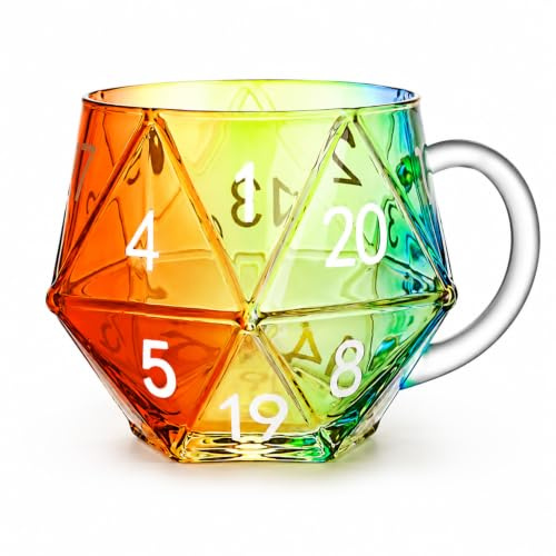 Coffee Cup D20 Dice Design, Rainbow Glass Cup for Game Lovers Gift, 1PC | D20 Dice Shaped Mug, 409ml Colorful Glass Teacup, Creative Gift for Tabletop Game Lovers Daily Use