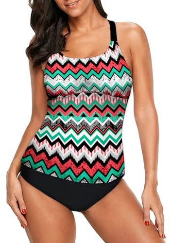 Dokotoo Womens Ladies Striped Zigzag Print Color Block Racerback Bandeau Blouson Push Up Tankini Swim Bikini Top No Bottom Swimsuit Bathing Suit Swimwear Medium