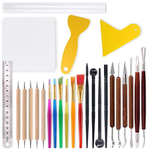 Swpeet Juego de 26 herramientas de modelado de arcilla para esculpir, mango de doble cara, bolígrafos de acuarela, herramientas de punteado de madera, herramientas de modelado de lápiz capacitivo de