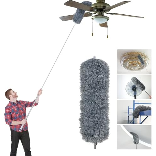Vicloon Spolverino per Polvere Allungabile con Manico Lungo Fino a 245cm, 1 Manico+1 Piumini+1 Spazzola+1 Ganci Autoadesivi, Spolverino Microfibra Lavabile per Soffitto Ragnatela Ventilatore Tenda