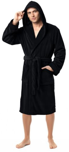 Luxury Fluffy Fleece Mens Dressing Gowns with Hood Housecoat Bath Robe | Hooded bathrobe with adjustable belt made from soft fleece for cozy comfort and perfect for lounging.