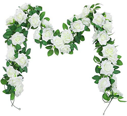 Artificial Flower Garland White Rose Vine, 3pcs Hanging Fake Floral Garland for Decoration Wedding Arch Table Party Garden(7.8ft x 3)