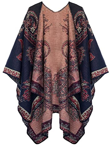 EXCHIC Femmes Chauds Ouverture Avant Châle Chaud Wraps Motif Floral Elegantes Poncho Tricot Cape Manteau (Navy-25)