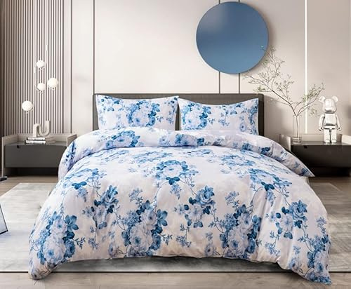 PRIME LINENS Duvet Cover Set 4 Pcs Brushed Microfibre Quilt Cover Bedding Set With Pillow Cases and Extra Fitted Sheet Included (Vintage Floral Blue, King)