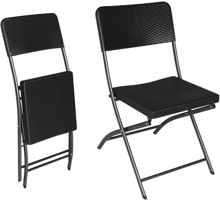 eSituro Set di 2 Sedie da Giardino, Sedie Pieghevoli da Esterno, per Mare, Spiaggia, Balcone, Aspetto in Rattan, Telaio in Metallo, Sedile e Schienale in HDPE, 59x46x81 cm (LxPxH), Nero