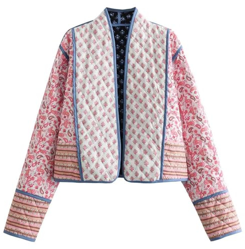 Omoone Women's Cropped Floral Quilted Jacket Cardigan Printed Lightweight Open Front Padded Puffer Coat, Pink, XS