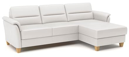 CAVADORE Leder-Ecksofa Palera mit Longchair / Landhaus-Couch mit Federkern, Schlaffunktion + Bettkasten / 244 x 89 x 163 / Leder Weiß