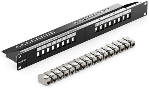 deleyCON 16 Porto Pannello Delle Patch Set Modulare 1 IU 19 Pollici Montaggio Rack + 16x RJ45 Keystone Moduli CAT6a Compatibile con CAT5 CAT6 CAT7 LAN Cavi di Rete Cavi di Posa Nero