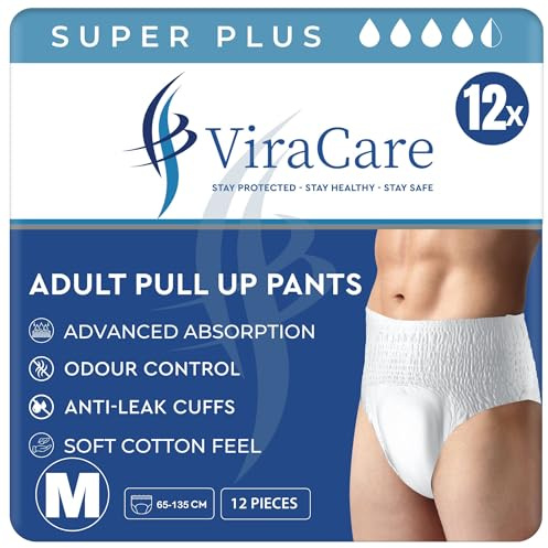 60 x Super Plus Incontinence Pants Women & Men | Adults Nappies | Advanced Absorption and Soft-Stretch Waistband | Adults Pull Up Pants | Waist Size Medium 65-135 cm |(5 Packs of 12, Medium)
