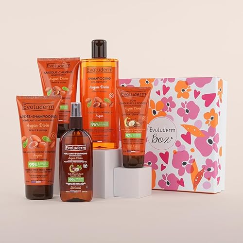 EVOLUDERM – Coffret - Argan Divin - Avant-Shampoing + Shampoing Nourrissant + Après-Shampoing Démêlant + Soin Longueurs & Pointes + Masque 150 ml - Fabrication Française (Roséa)