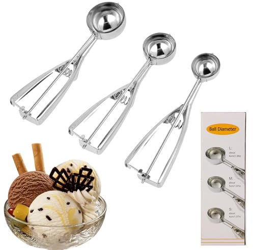 Cucchiaio per gelato in Acciaio Inox - Set di 3 Porzionatori 4cm/5cm/6cm - Ice Cream Scoop - Adatto per Gelati, Coni, Frutta