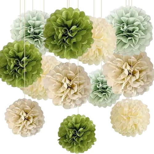 12pcs Sage Green Olive Green Cream Birthday Decorations,Tissue Paper Pom Poms for Boho Baby Shower Wedding Wild Safari Greenery Party Decorations