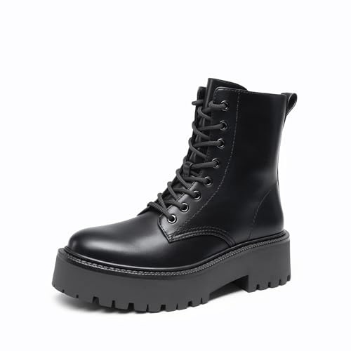 DREAM PAIRS Bottines de combat à lacets pour femme avec semelle crantée et fermeture éclair latérale