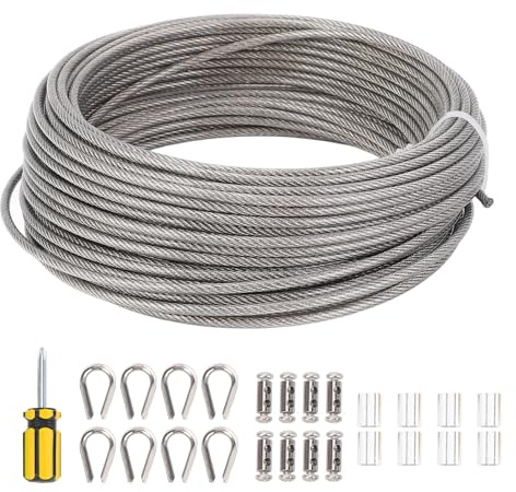 Xiuganpo 3 mm stålrepset, 20 m långt rostfritt stål 304 stålrep Shade Sail Hardware Set, vajerspänneset för trädgård, kabelräcke och bildupphängning