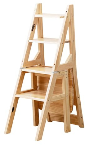 Laneryin 4-Tier Folding Step Stool, Solid Wood Folding Library Ladder Chair, Portable Wooden Stepladder For Kids Adults, Display And Flower Shelf