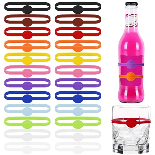 BOGCLEE 24 Pezzi Segnabicchieri Silicone, Identificatore del Bicchiere di Vino, Segnabicchiere Colorati Riutilizzabili Marcatori di Bevande per Feste Bar