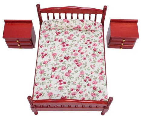 Pongnas Ensemble de Meubles de Maison de Poupée Miniature en Bois, Ensemble de Chambre à Coucher avec Literie Florale et Tiroirs Fonctionnels pour Enfants, échelle 1/12