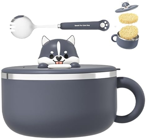 Snabbnudelskål med handtag 1 200 ml söt husky omedelbar ramen-skål med sked 304 rostfritt stål ramen-spis för soppnudlar kök med lock