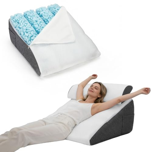 ExKeen Cuscino a cuneo con strato in memory foam e cotone -Cuscino di supporto inclinazione regolabile in altezza e tasche laterali -Cuscino per dormire e leggere per divano e letto, bianco+grigio