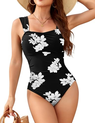 UMIPUBO One Piece Swimsuit Tummy Control Swimming Costume for Women Push Up Ruched Square Neck Vintage Padded Ladies Swimwear UK