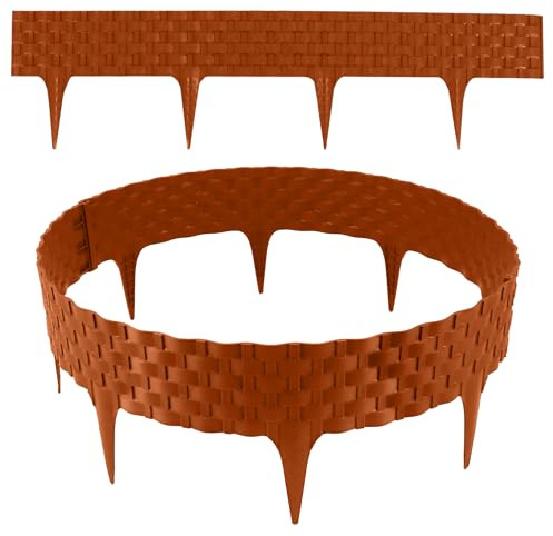 Borde de césped con aspecto de ratán I Terracota I 12 x 80 cm módulos I Cercado de plástico para delimitación de parterres y césped, borde flexible para bancales