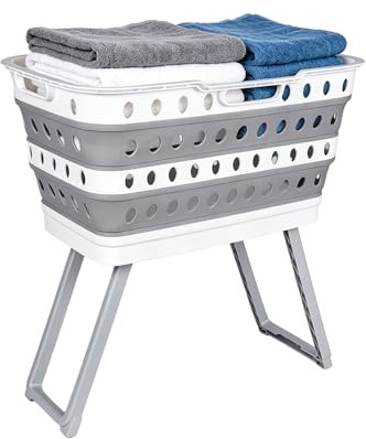 Collapsible Laundry Basket, Washing Basket with Legs, 43L, Plastic, Grey | Elevated Back-Saving Height; Foldable Ultra-Slim Space-Saving; for Bathroom & Utility Room