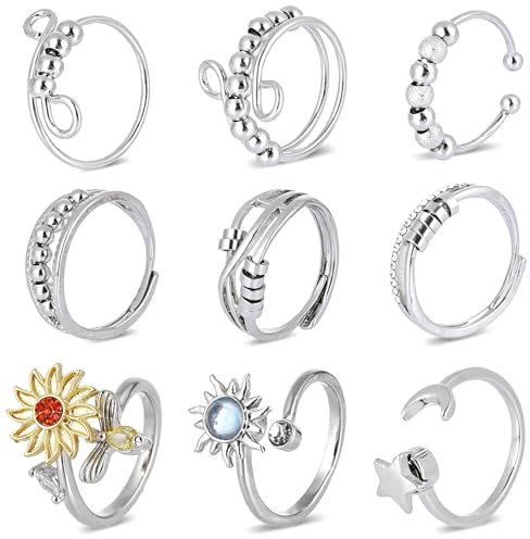 9 st. antistressring set, vridbara silverfärgade fidget anxiety ringar med solrosor, justerbara stressringar för fingrar, tillbehör för avkoppling (Silver-A)