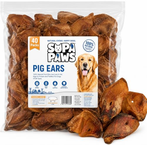 Supa Paws 40 Pack Large Pig Ears for Dogs, 100% Natural Air Dried Pork Ears, High Protein Aids Muscle and Tissue Repair Dog Treat, Grain Free Chew Dog Snacks Perfect Alternate of Beef Ears