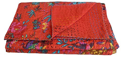 Kiara Indische Vintage Ethnische Baumwolle Vogel Kantha Quilt Tagesdecke Patchwork Stitch Decke Twin/Queen Size (Candy Red, Queen)