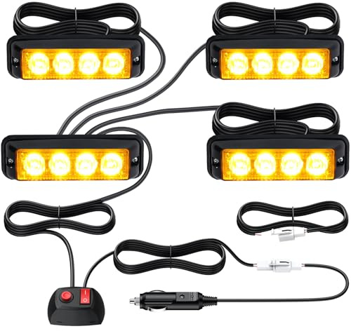 Justech 4PCS Luz Estroboscópica Ámbar 4LED Luz Intermitente 12V 24V Impermeable IP65 para los Vehiculos con el Cargador Luz de Advertencia para Camión Remolque Caravana