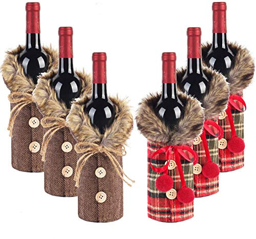 Tanlee 6 Pieces Christmas Sweater Plaid Wine Bottle Covers With Faux Fur Collar And Button Coat Design For Xmas Party Decorations