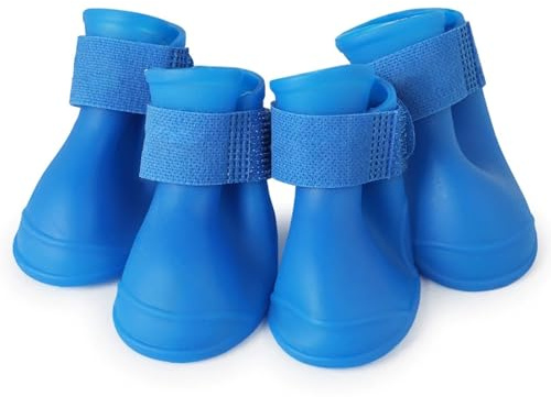 Fayemint 4 unidades de botas impermeables de silicona para perros, zapatos para mascotas para cachorros, zapatos de lluvia antideslizantes con cinta de fijación, adecuados para días lluviosos