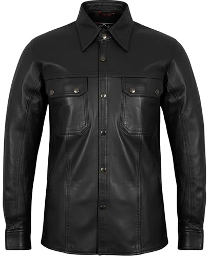 MDM Camisa de cuero para hombre de cordero suave nappa piel en negro, Negro , 3XL alto