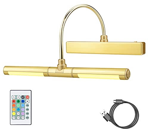 HONWELL Drahtlose Bilderleuchte LED, Bilderlampe mit Fernbedienung, Drehbarer LED Lichtkopf mit Timer 180° Schwenkarm Wiederaufladbare Dart beleuchtung Kabellos Malleuchte zum Malen von Bildern,Gold