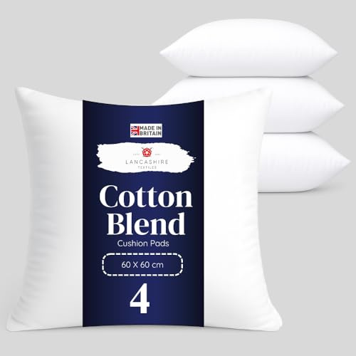 Lancashire Textiles 4 Pack Luxury 24 x 24 (60 x 60cm) Cotton Blend Cushion Pads with Super Bounce Polyester Fibre, Made of Finest British Materials