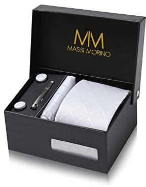 Massi Morino Krawatte Weiss Quadrat mit Einstecktuch Set Herren inkl. Manschettenknöpfe, Krawattennadel und Geschenkbox | Männer Krawattenset zur Hochzeit