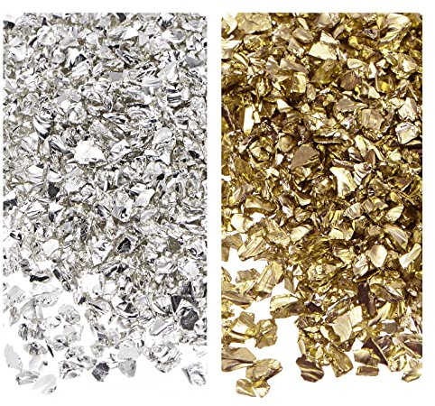 sourcing map 2 Farben Crushed Glass Chips, 1-4mm Unregelmäßiges Glitzer-Metallic-Glas zum Basteln, DIY, Schmuckfüller, Epoxidharz-Dekoration, 28 g, golden Farbton, Silber Farbton